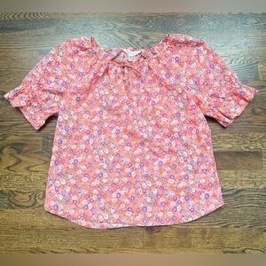 Land 'N Sea Floral Peasant Blouse L Ruffled Elastic Cuffs Coral Pink Cottage